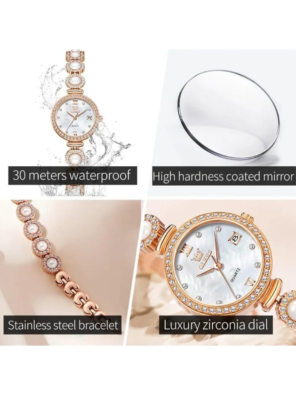 Women's Rose Gold Silver Analog Quartz Diamond Round Dial Pearl Bracelet Watch